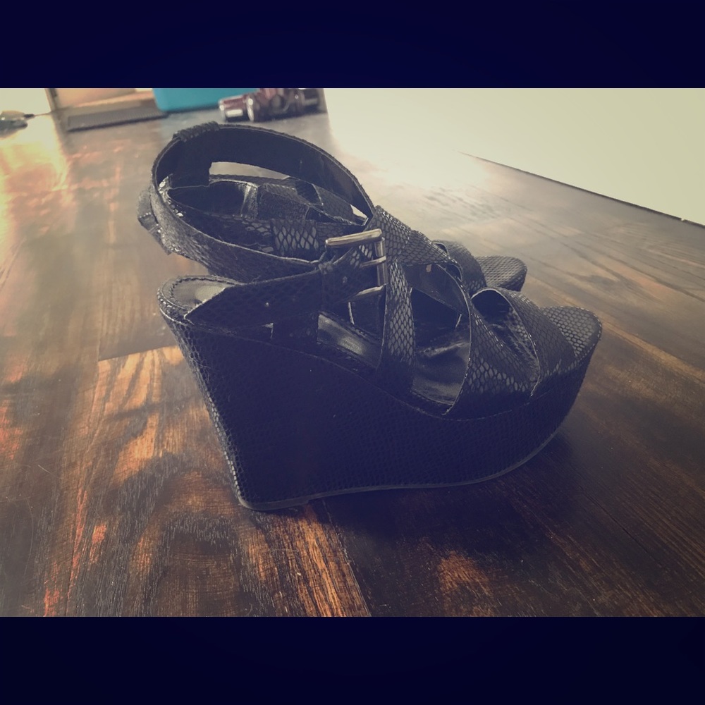 Express Patent Leather Snakeskin Wedges